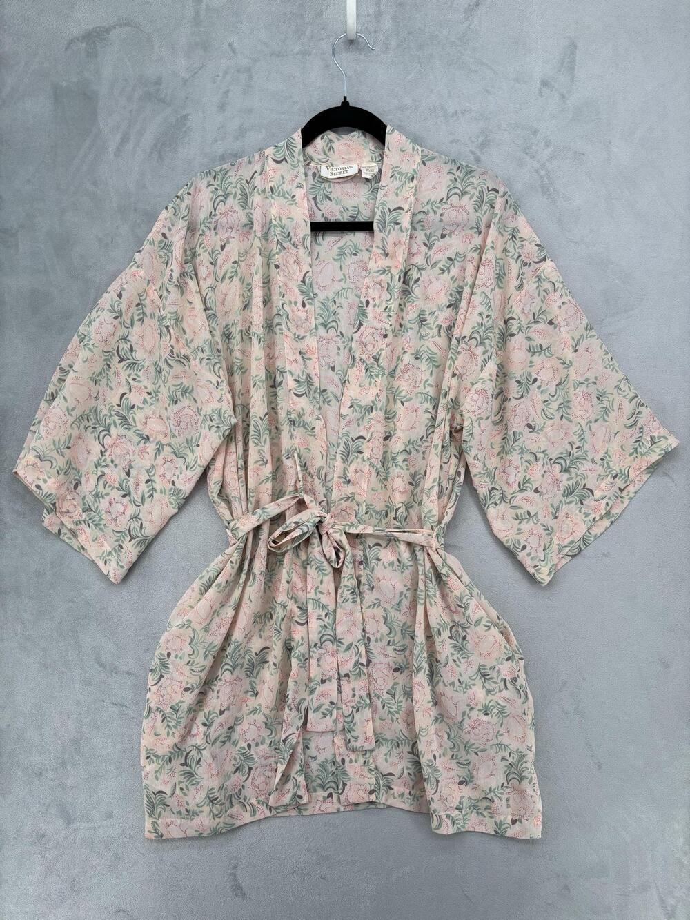 Vtg Victoria's Secret Robe One Size Pink‎ Floral Kimono Womens Polyester Belted